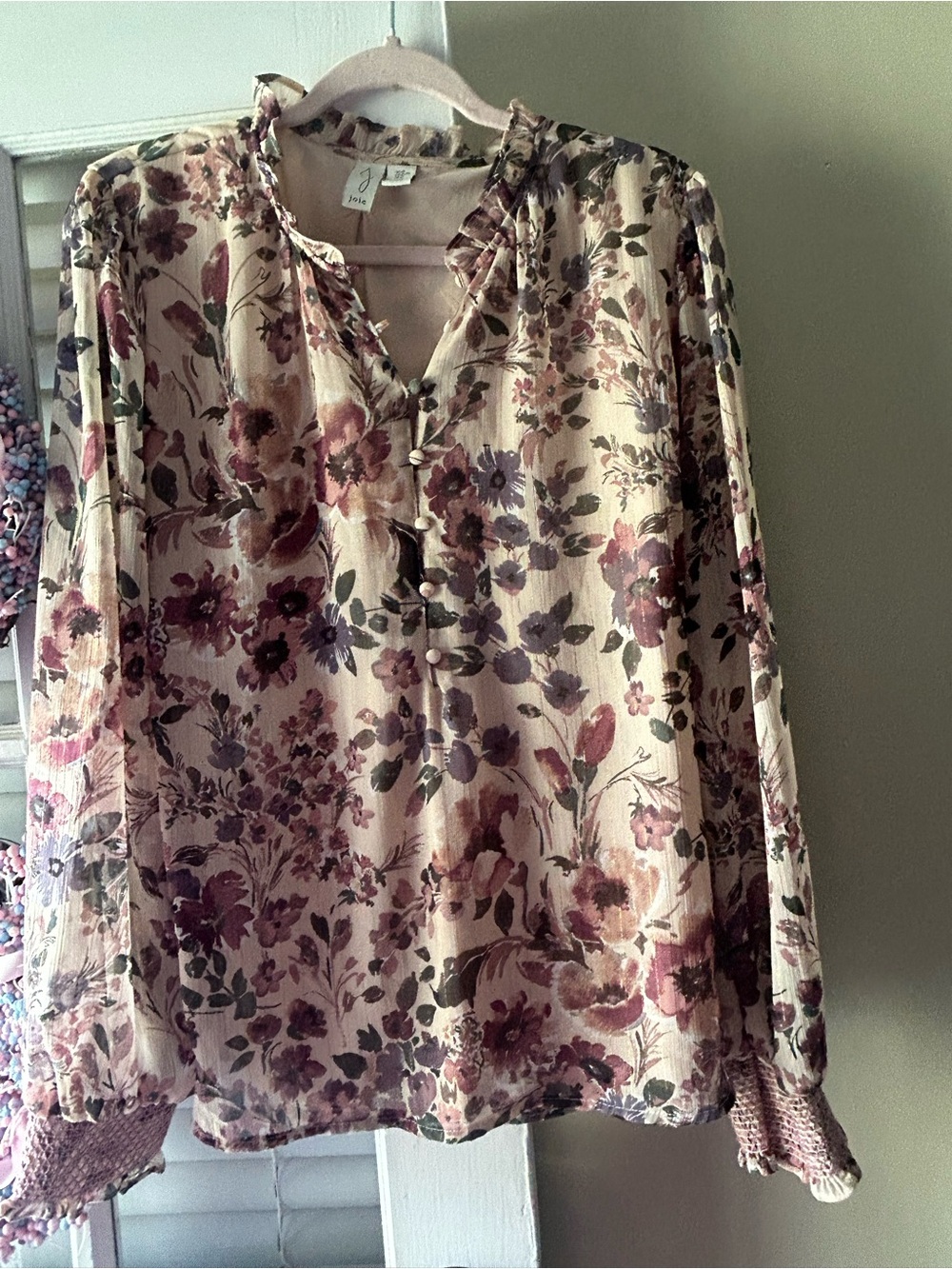 Joie Cream Floral Long-Sleeve Blouse with Pink and Green Print